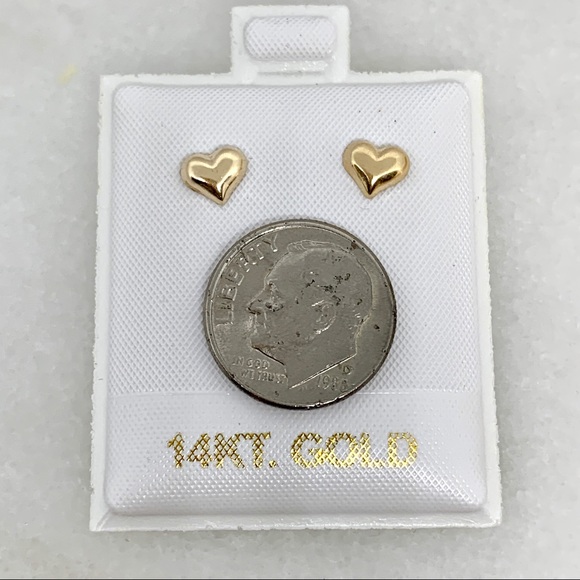 14K Yellow Gold Small Puffed Heart Earrings ❤️ - Picture 5 of 7